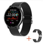 Black mesh band smart watch with round touchscreen and health stats on display
