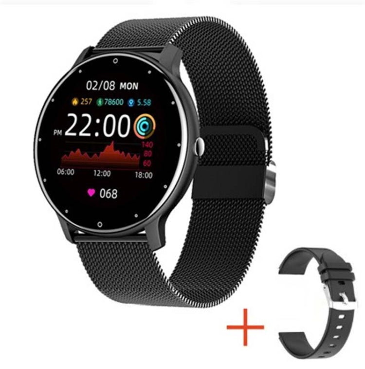 Black mesh band smart watch with round touchscreen and health stats on display
