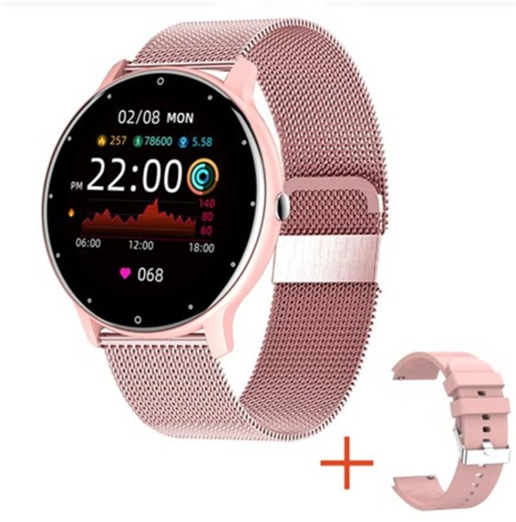 Pink mesh band smart watch with round touchscreen showing time and health stats