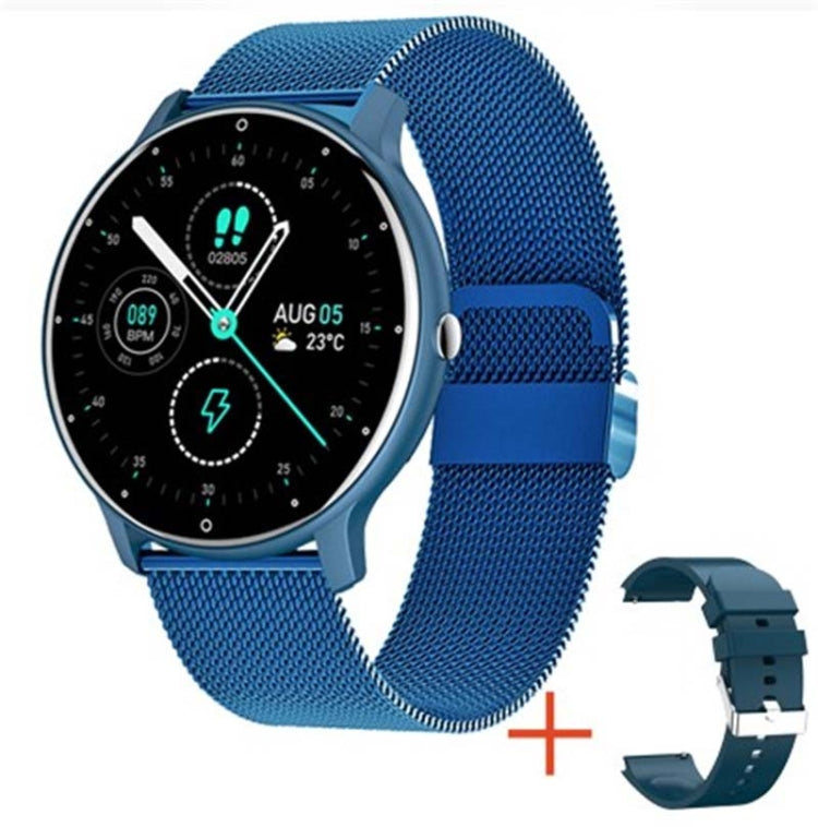 Blue mesh band smart watch with round touchscreen and activity readings