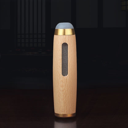 Wood car ashtray with vertical mesh slot and gold metal cap, beechwood finish.