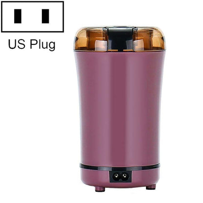 Electric mini coffee grinder, purple body with clear lid and black base controls