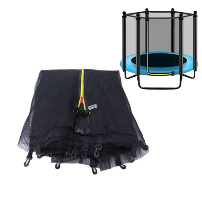 Trampoline safety net with black mesh and yellow trim, shown with support poles
