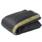 Rolled trampoline safety net with dark mesh fabric and yellow edge stripe