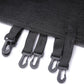 Trampoline safety net attachment straps with metal hooks on dark mesh