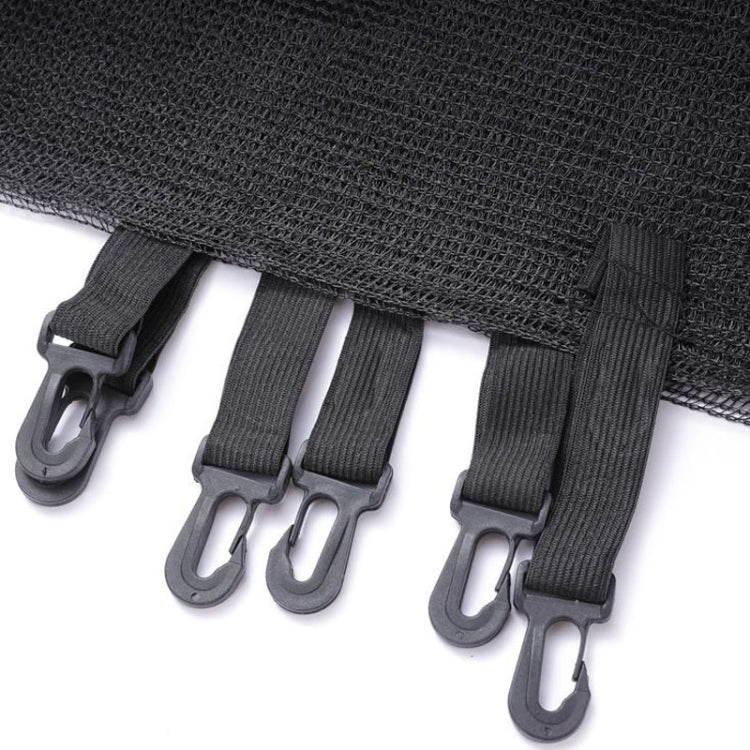 Trampoline safety net attachment straps with metal hooks on dark mesh
