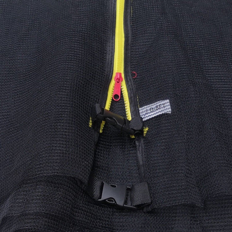 Outdoor trampoline safety net closeup with zipper and black hook strap