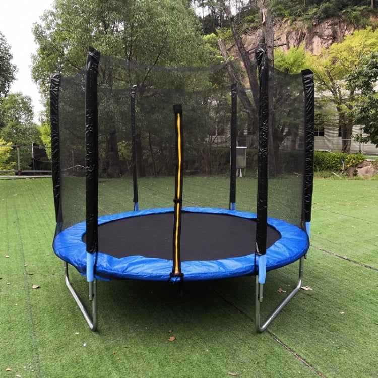 Outdoor trampoline safety net with black mesh panels around blue jumping mat