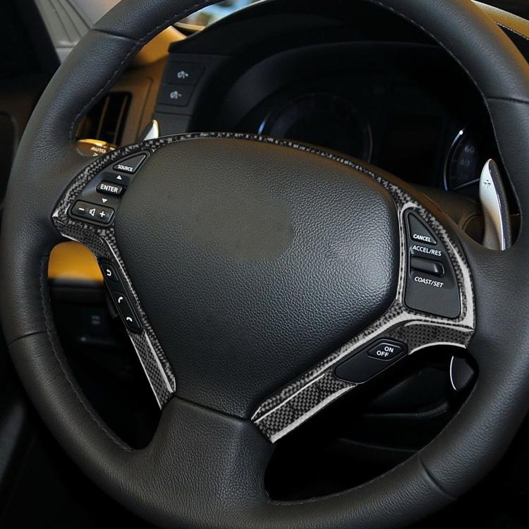 Close-up of steering wheel trim stickers with carbon-fiber patterned edges