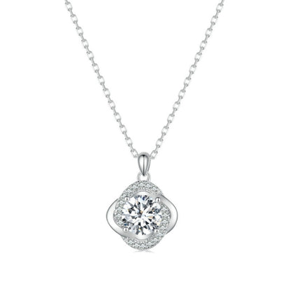 White gold plated moissanite pendant necklace with round halo center stone