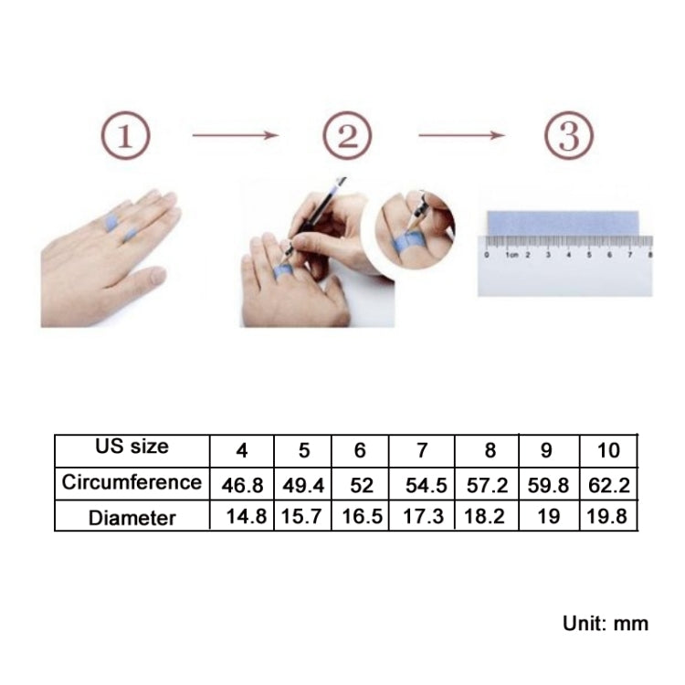 Ring size chart showing sterling silver ring outline and size measurements