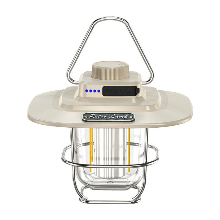 White LED retro lantern with hanging handle, clear glass cage, glowing tube lights.