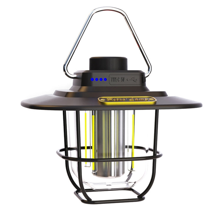 Black LED retro lantern with hanging handle, clear glass cage, glowing tube lights.