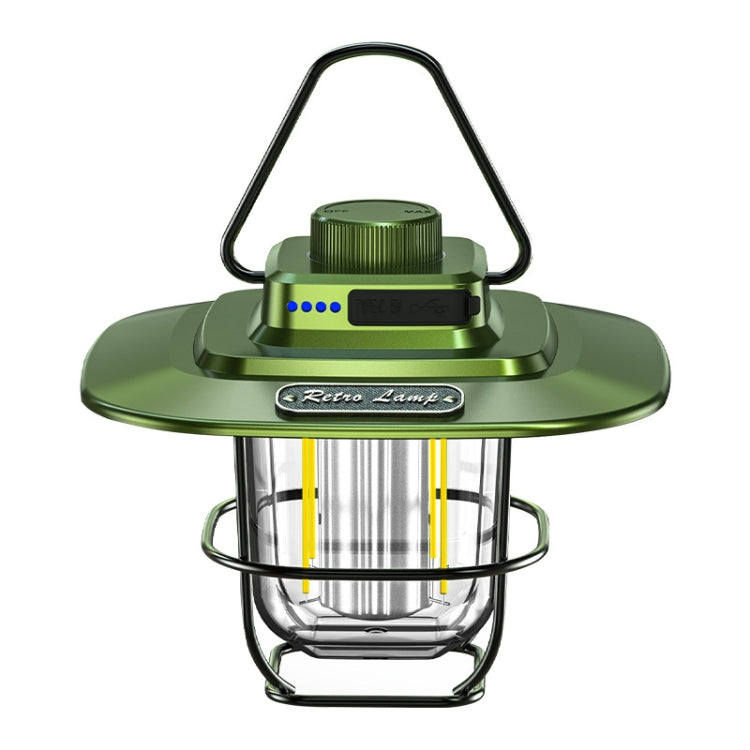 Green LED retro lantern with hanging handle, clear glass cage, glowing tube lights.