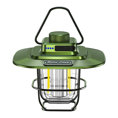Green LED retro lantern with hanging handle, clear glass cage, glowing tube lights.