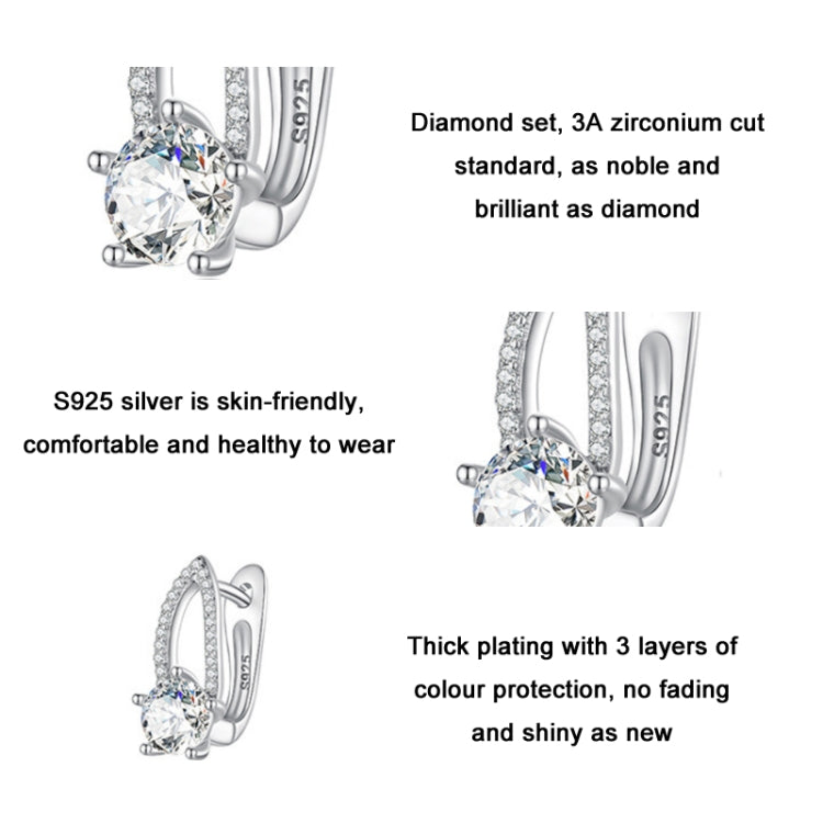 Pair of white metal hoop earrings with round clear zirconia center and halo edging