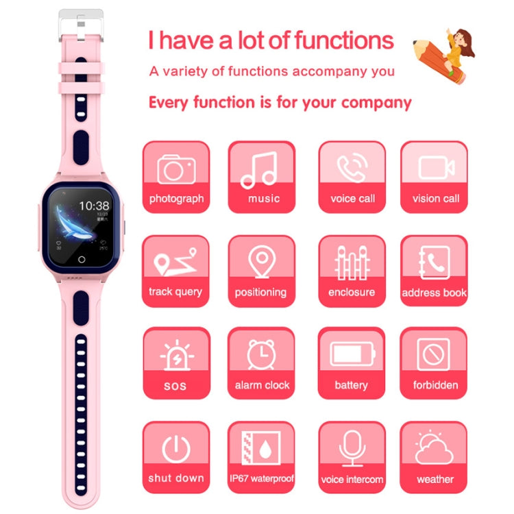 Pink children smartwatch with long perforated strap and on-screen feature icons