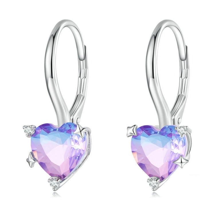 Heart-shaped zirconia illusion drop earrings with purple stones and hoop hinges