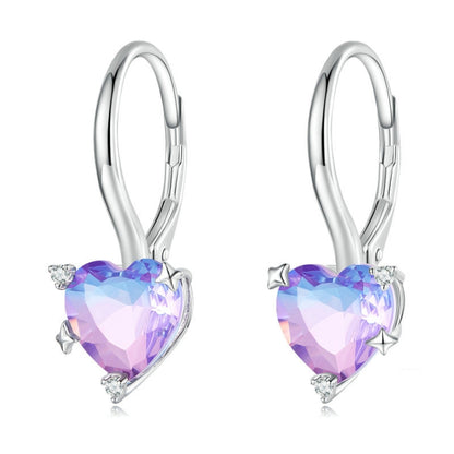 Heart-shaped zirconia illusion drop earrings with purple stones and hoop hinges