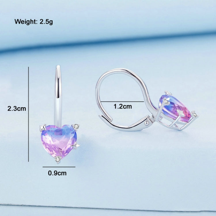 Heart-shaped zirconia illusion earrings with purple stones and hinged hoops
