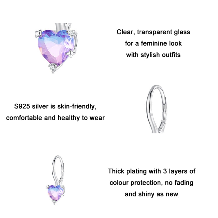 Heart-shaped purple zirconia illusion earrings with prong-set stone and hinged hoop