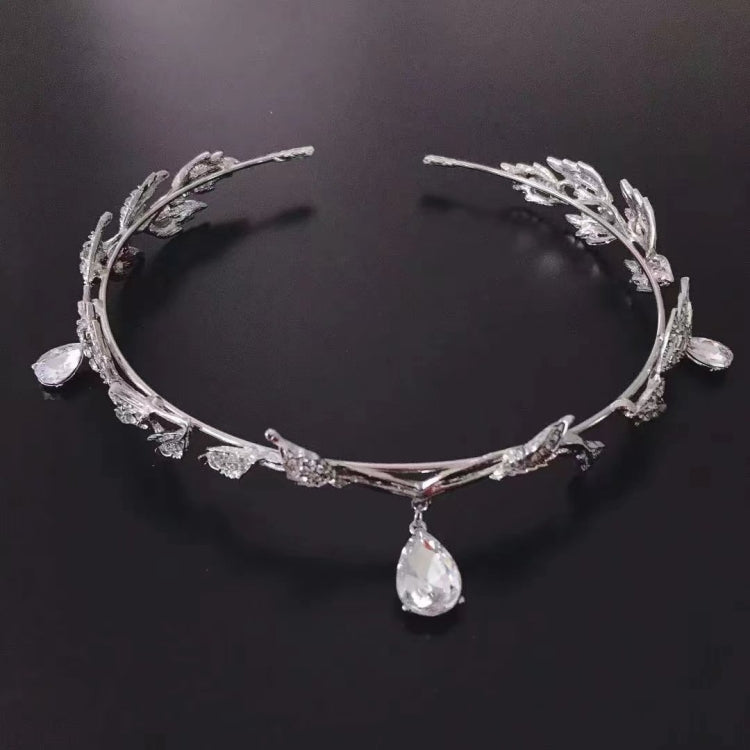 Silver rhinestone leaf crown hair band with dangling teardrop charms