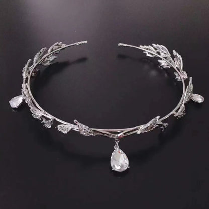 Silver rhinestone leaf crown hair band with dangling teardrop charms