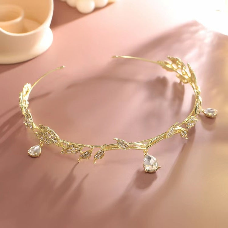 Gold rhinestone leaf crown hair band with small dangling teardrop charms