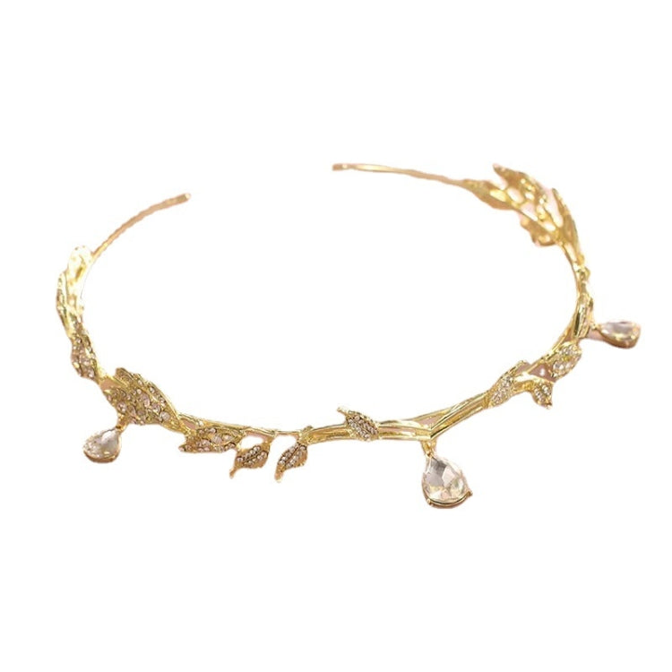 Gold leaf crown hair band with rhinestone details and hanging teardrop pendants