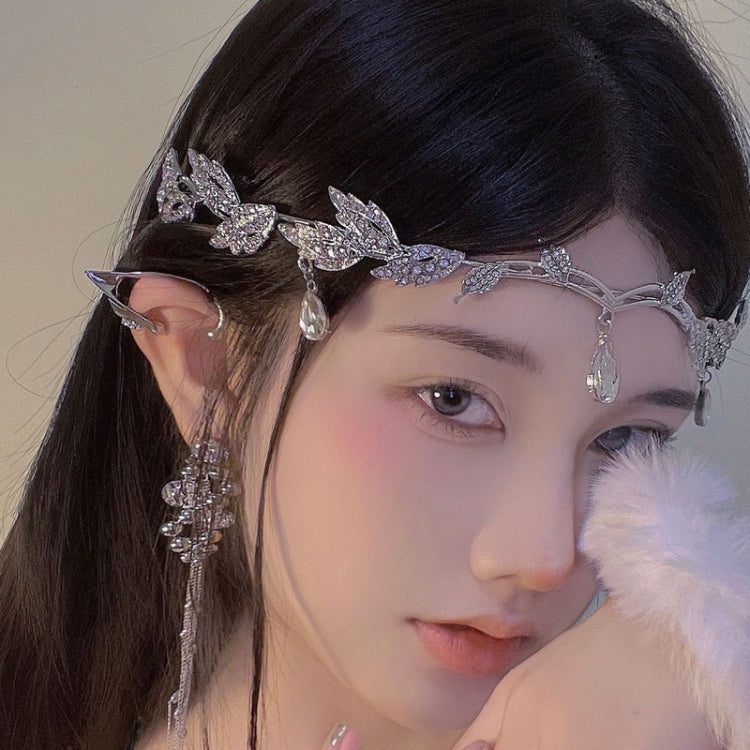 Silver rhinestone leaf crown hair band with dangling charms and leaf accents