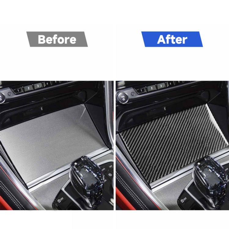 Black carbon-fiber style central storage box panel sticker (after)