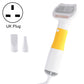 Pet hair removal blowing comb, white body with yellow grip and gray comb head