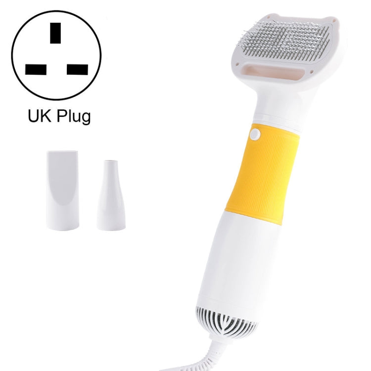 Pet hair removal blowing comb, white body with yellow grip and gray comb head