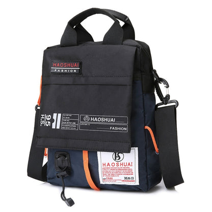 Men’s handheld crossbody bag in dark navy/black with orange trim and carry handles