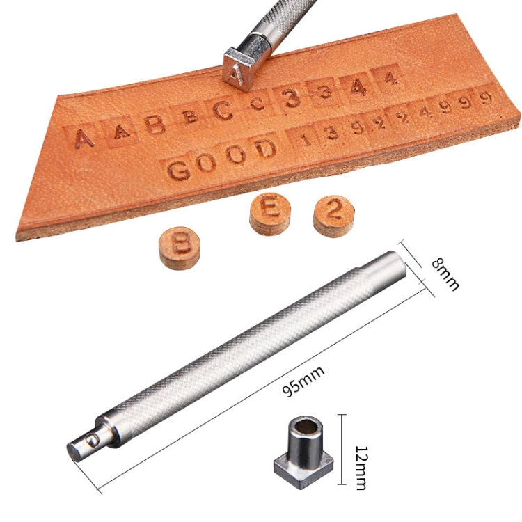 Leather carving stamp with mounted metal head, letter block pattern, and handle