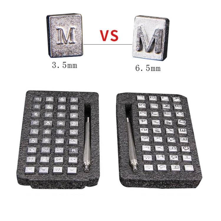 Leather alphabet stamping punches showing 3.5mm and 6.5mm letter M heads