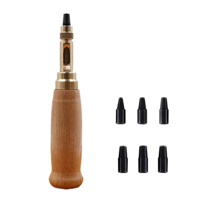 Wood-handled automatic belt punch with brass head and black interchangeable punch dies