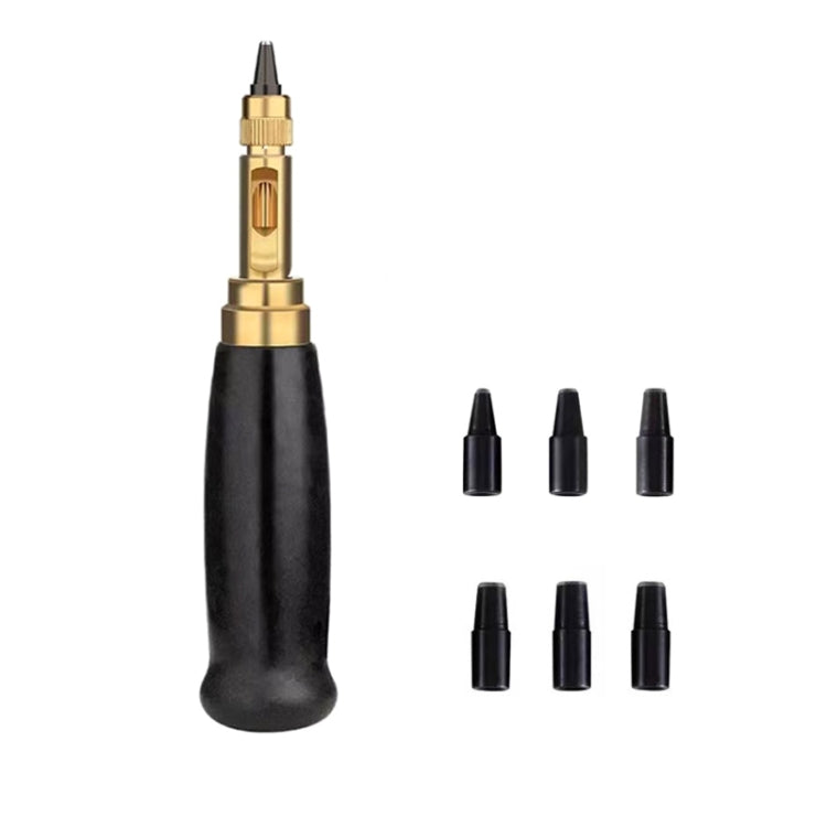 Black-handled automatic belt punch with brass head and black interchangeable punch dies