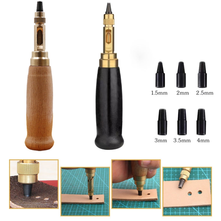 Automatic belt punch set with wood and black handles plus interchangeable punch tips