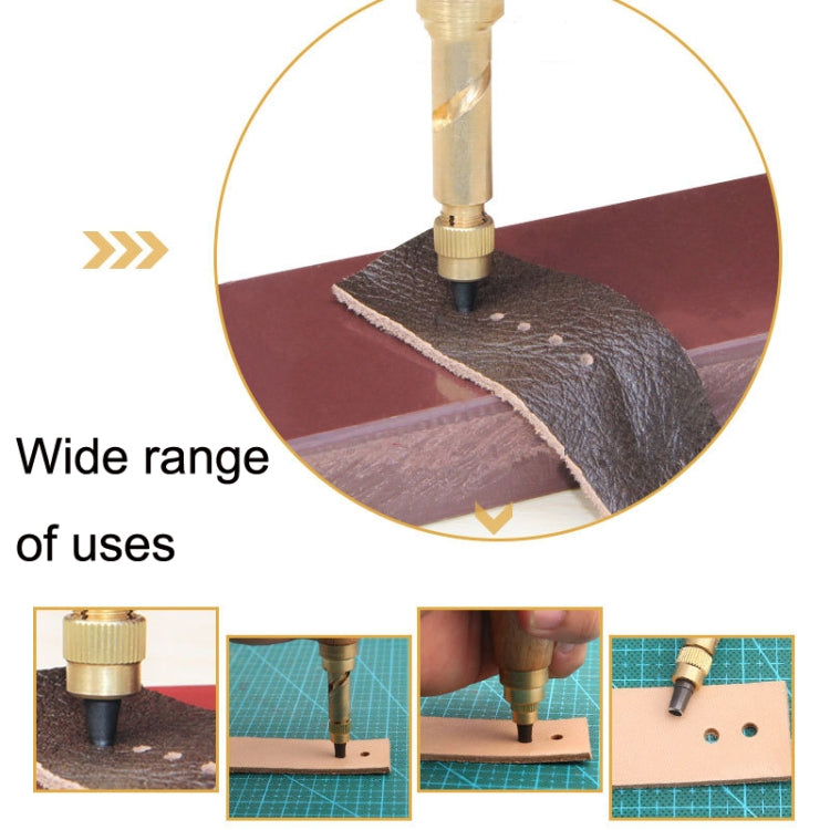Wood-handled belt punch tool punching into leather with round die head
