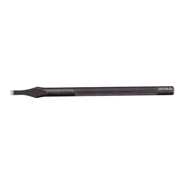 Dark leather cutting punch tool with textured handle and flat metal chisel tip