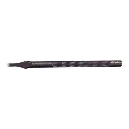 Dark leather cutting punch tool with textured handle and flat metal chisel tip