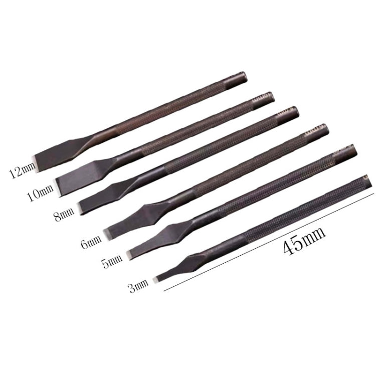 Set of leather cutting punch tools with different tip widths, labeled 3–12 mm