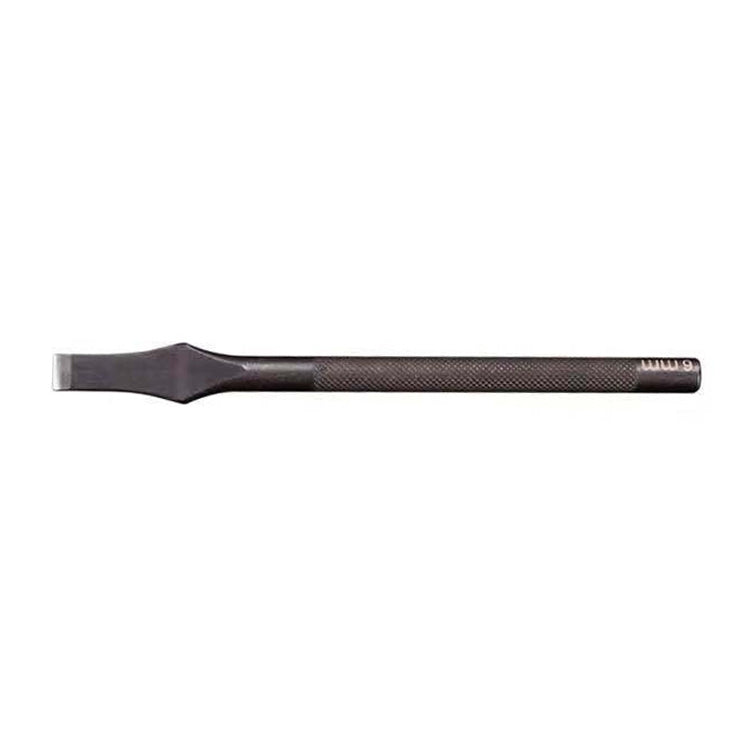 Dark leather cutting punch tool, textured handle, flat chisel tip