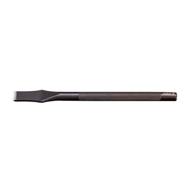 Dark leather cutting punch tool with textured handle and flat rectangular cutting head