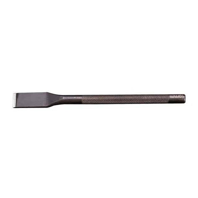 Dark leather cutting punch tool, textured grip and wide flat chisel tip