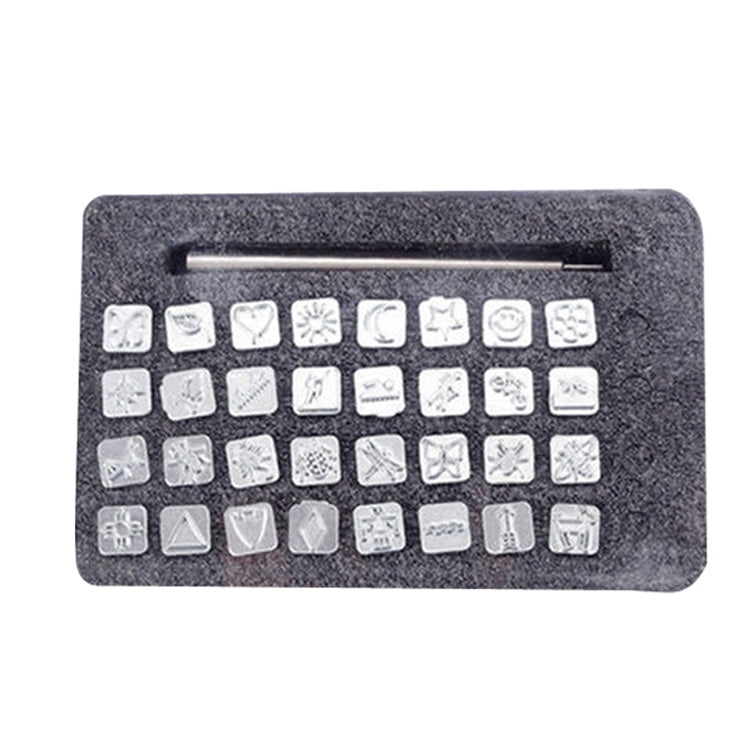 Leather punch stamp set with square metal stamp punches in foam tray