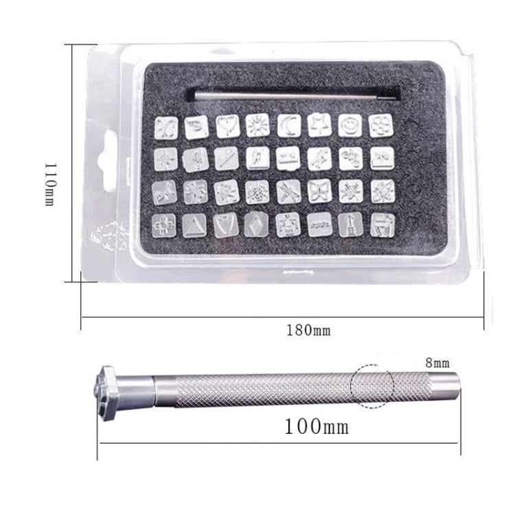 Leather punch stamp tool with foam insert holding square metal stamp punches