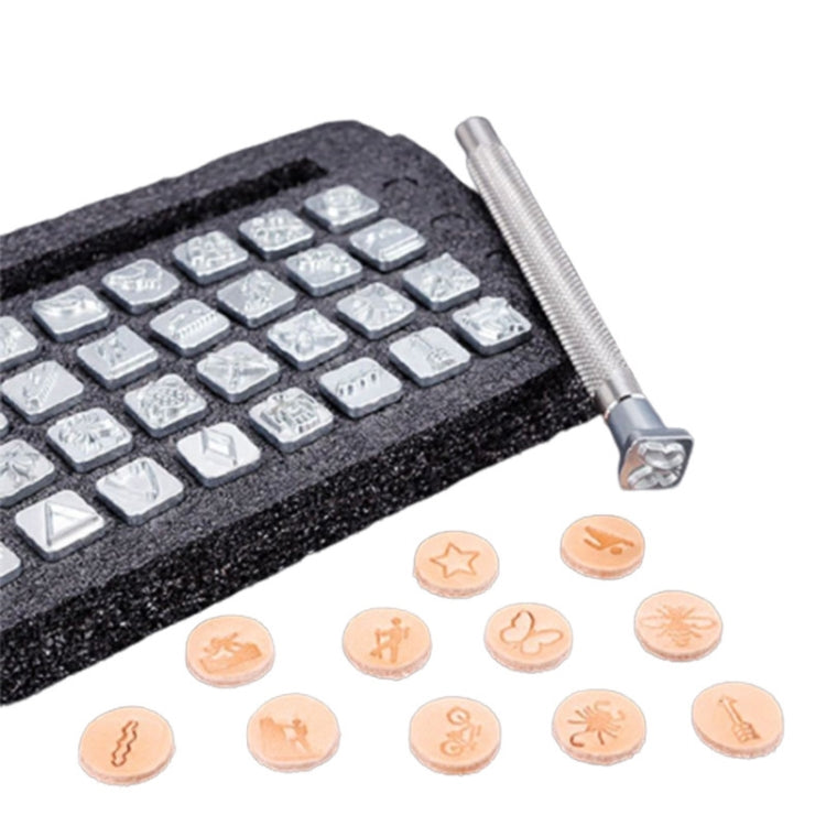 Leather punch stamp set, foam tray of square metal stamp punches with handle