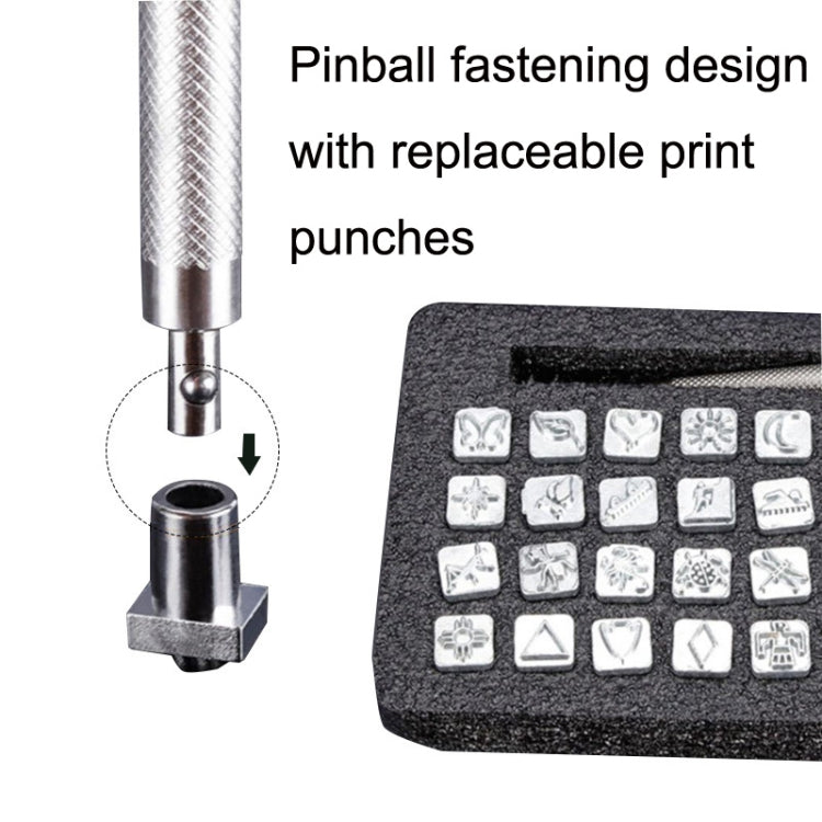 Leather punch tool with detachable metal punch tip and foam organizer with stamps